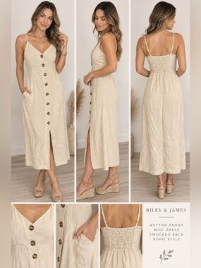 Riley & James Size S Cream Button Front Midi Dress Smocked Back Boho